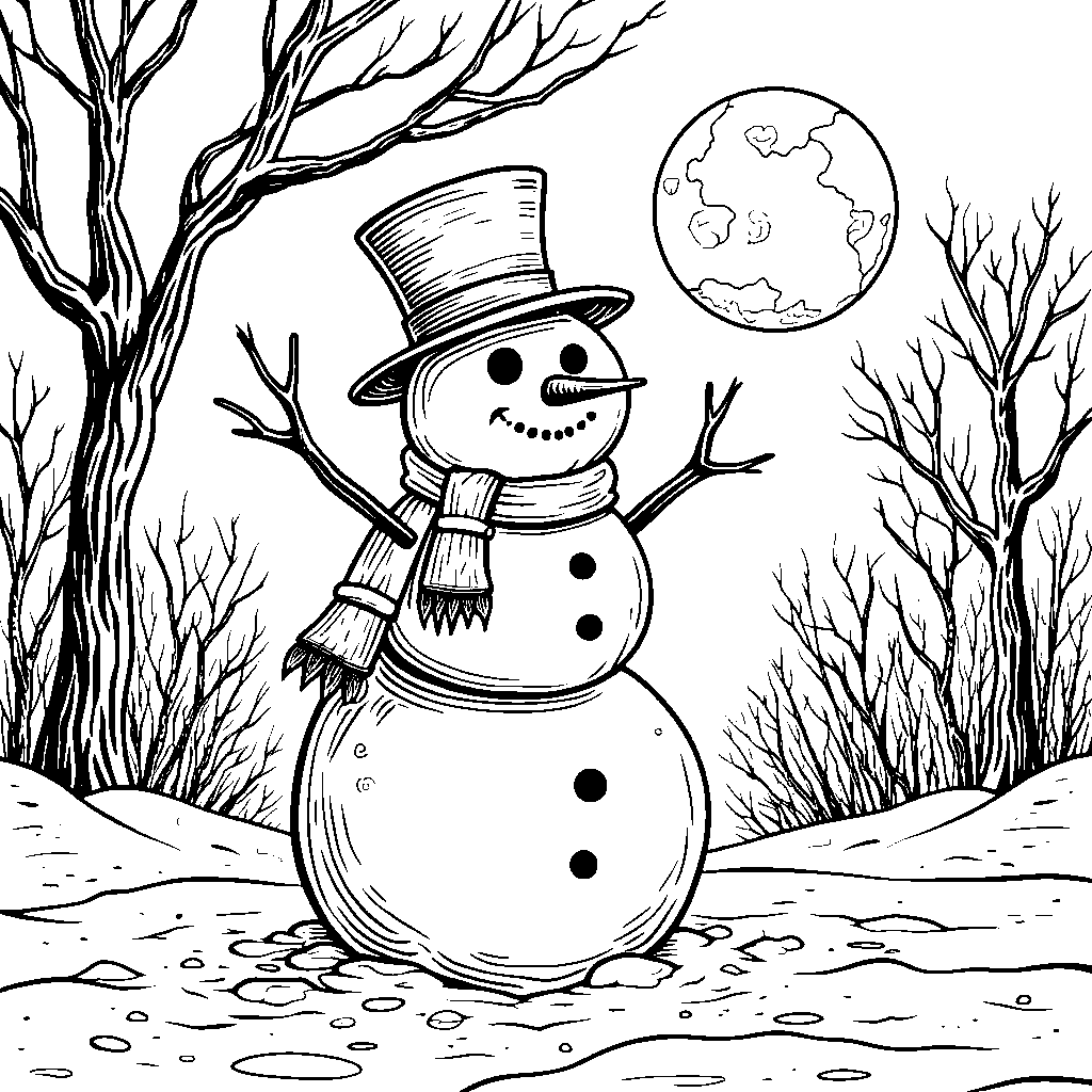 A spooky snowman with a top hat and scarf