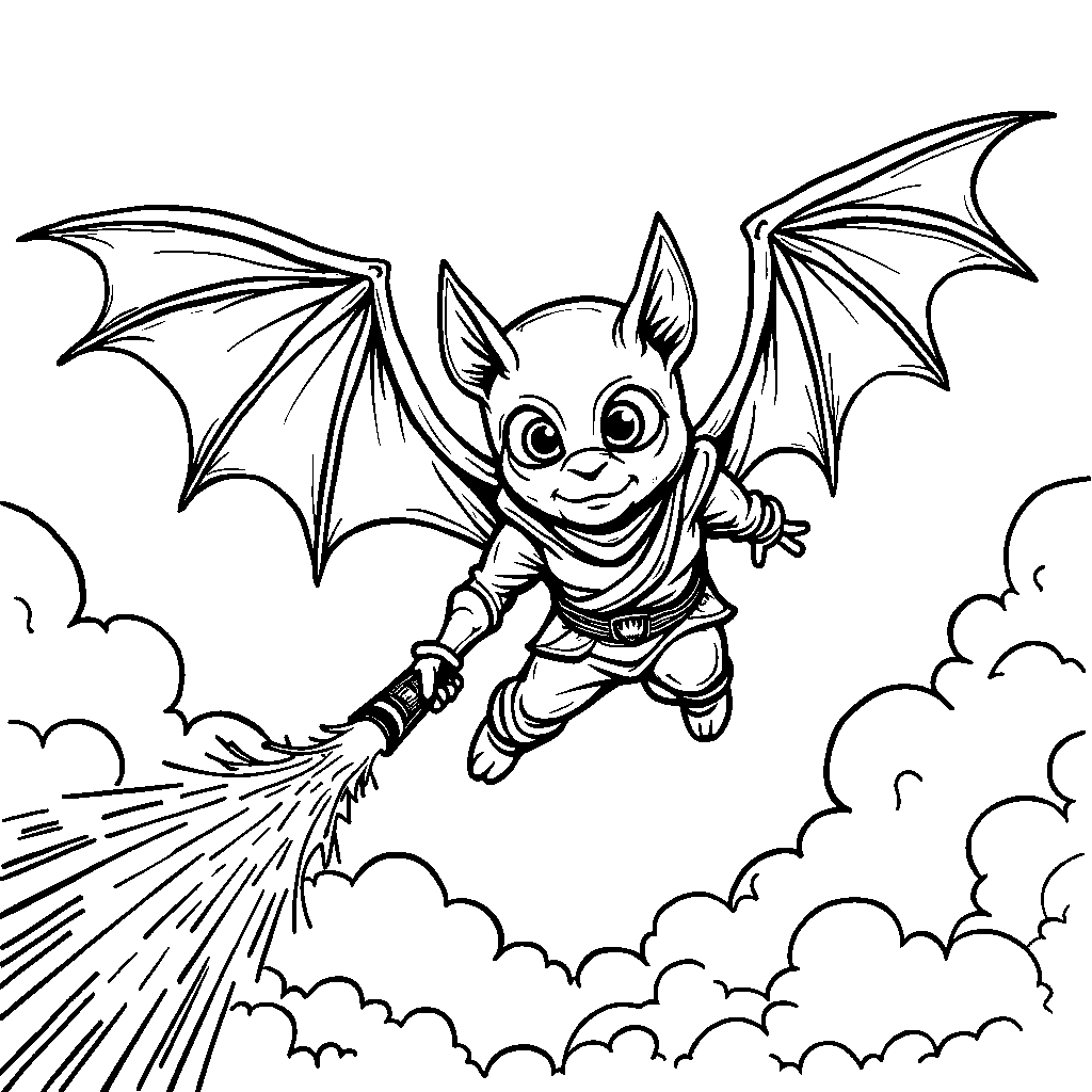 Ninja bat flying through a dark sky with a glowing crayon