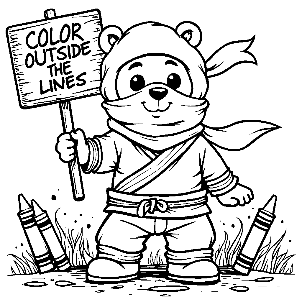 Ninja bear holding a sign that says 'Color Outside the Lines'