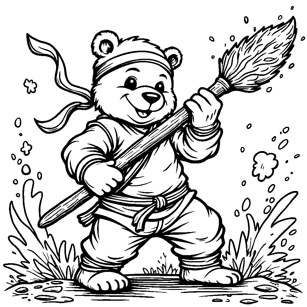 Ninja bear wielding a giant paint-splattered brush