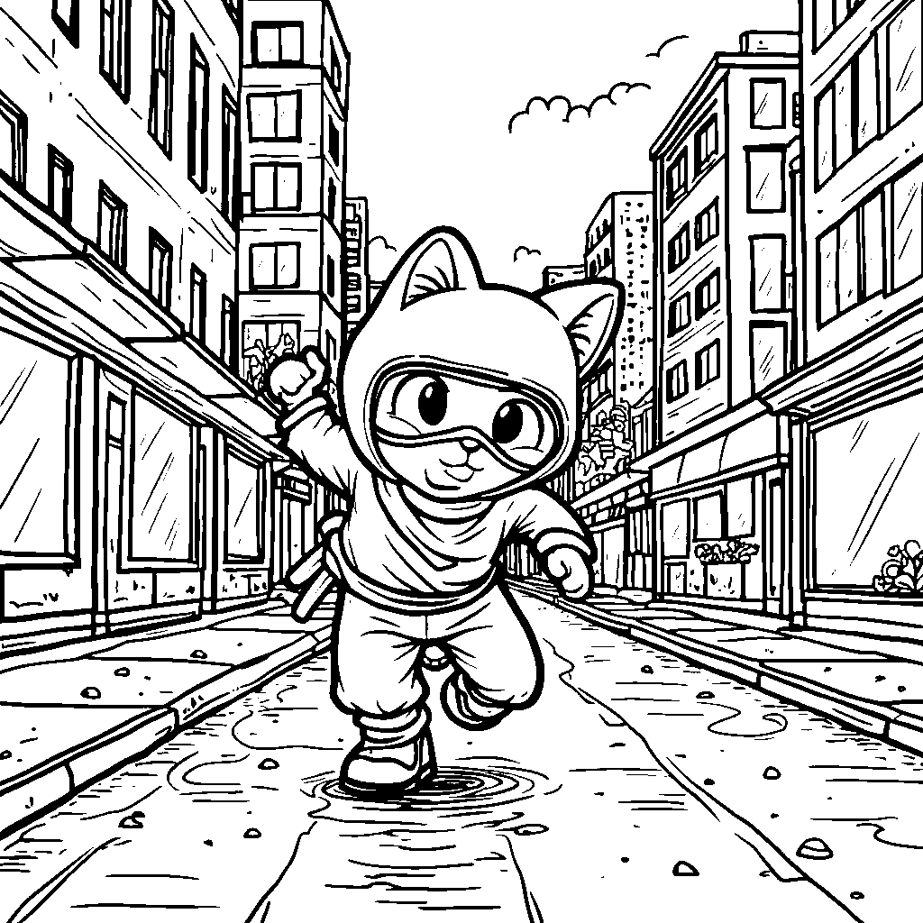 Ninja cat sneaking through a city at night