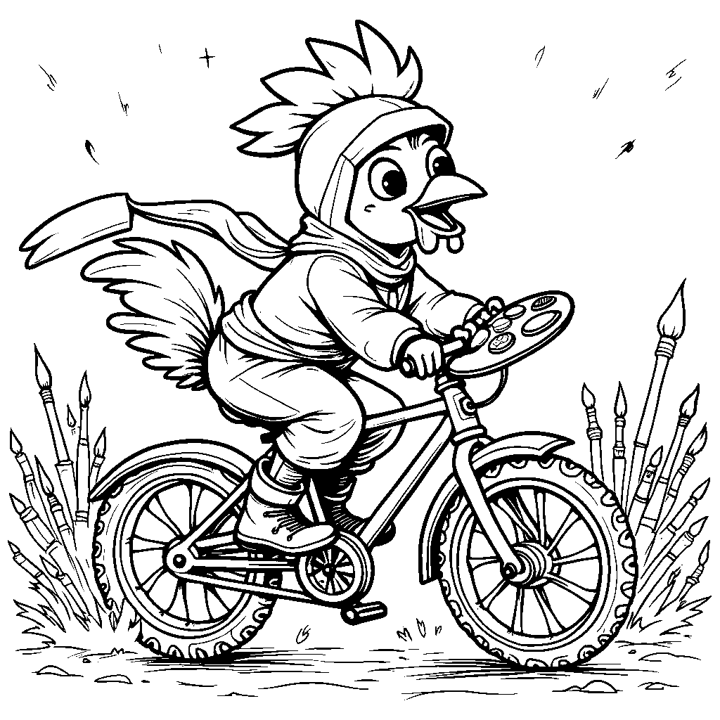 Ninja chicken riding a unicycle with a paint palette