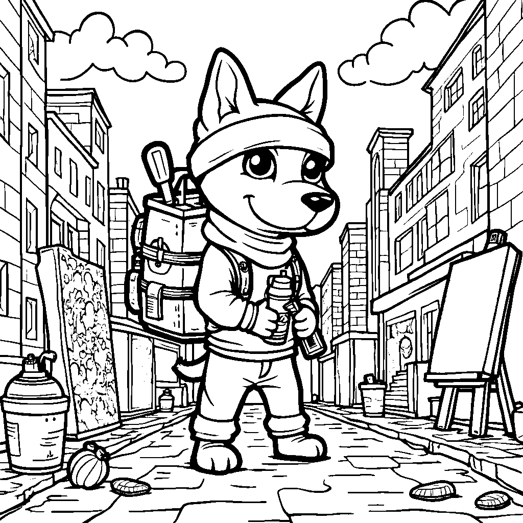 Ninja dog with a backpack full of art supplies