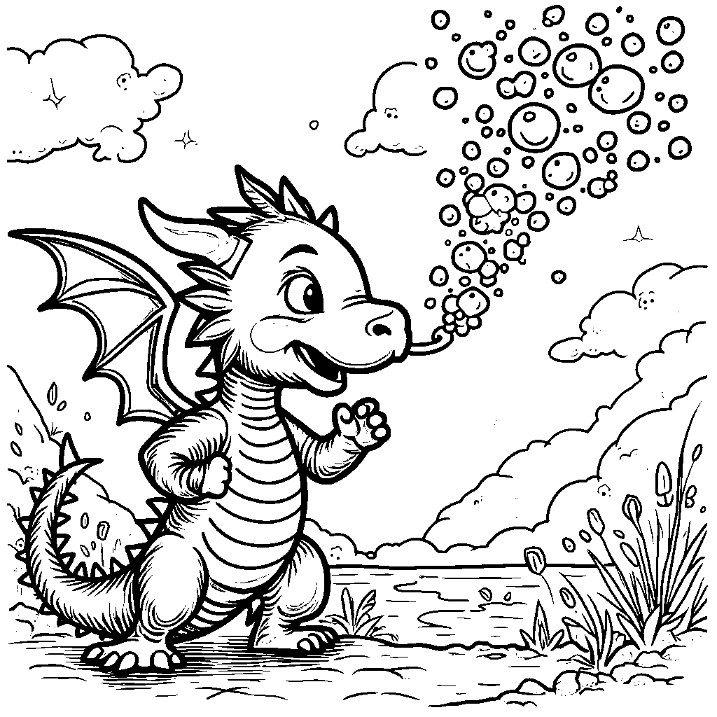 Ninja dragon breathing a stream of colorful bubbles