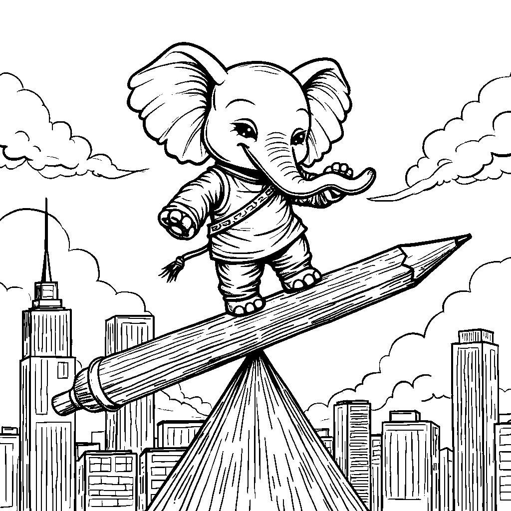 Ninja elephant balancing on a giant pencil tip