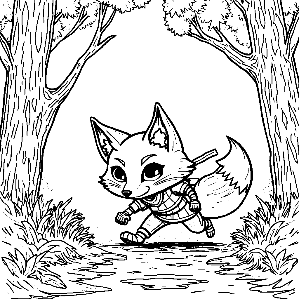 Ninja fox sneaking through a forest of colored trees