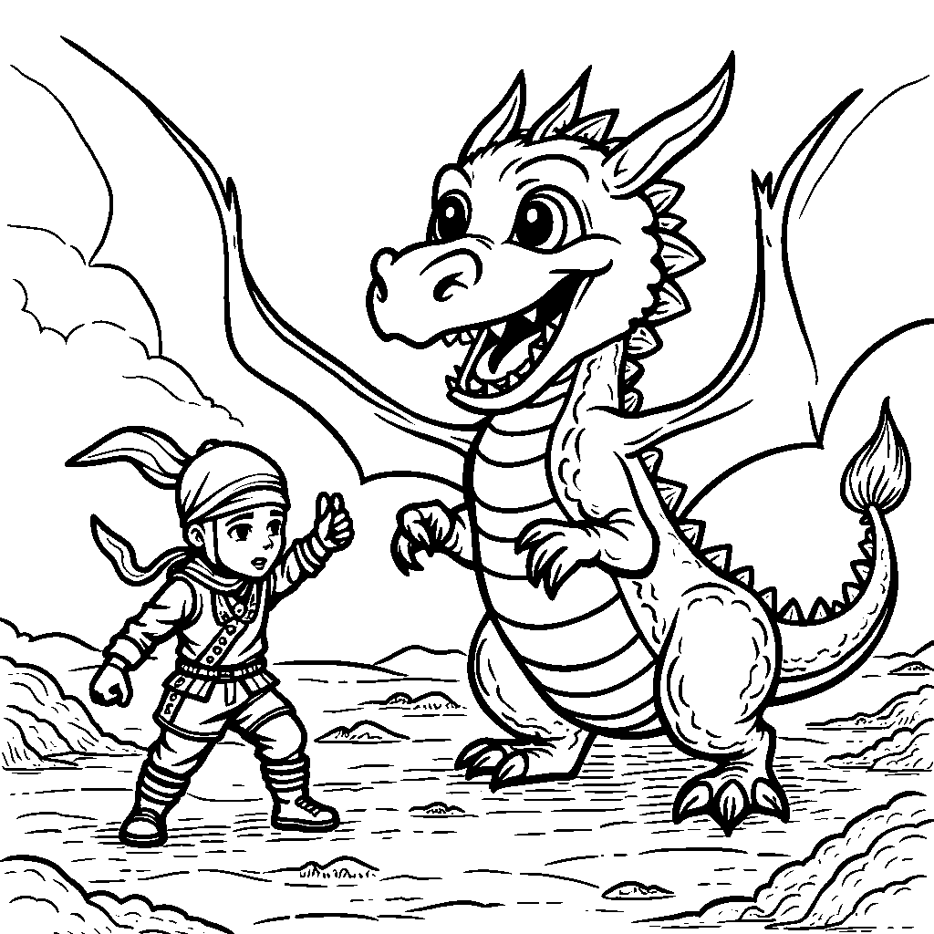 Ninja kid sneaking up on a dragon