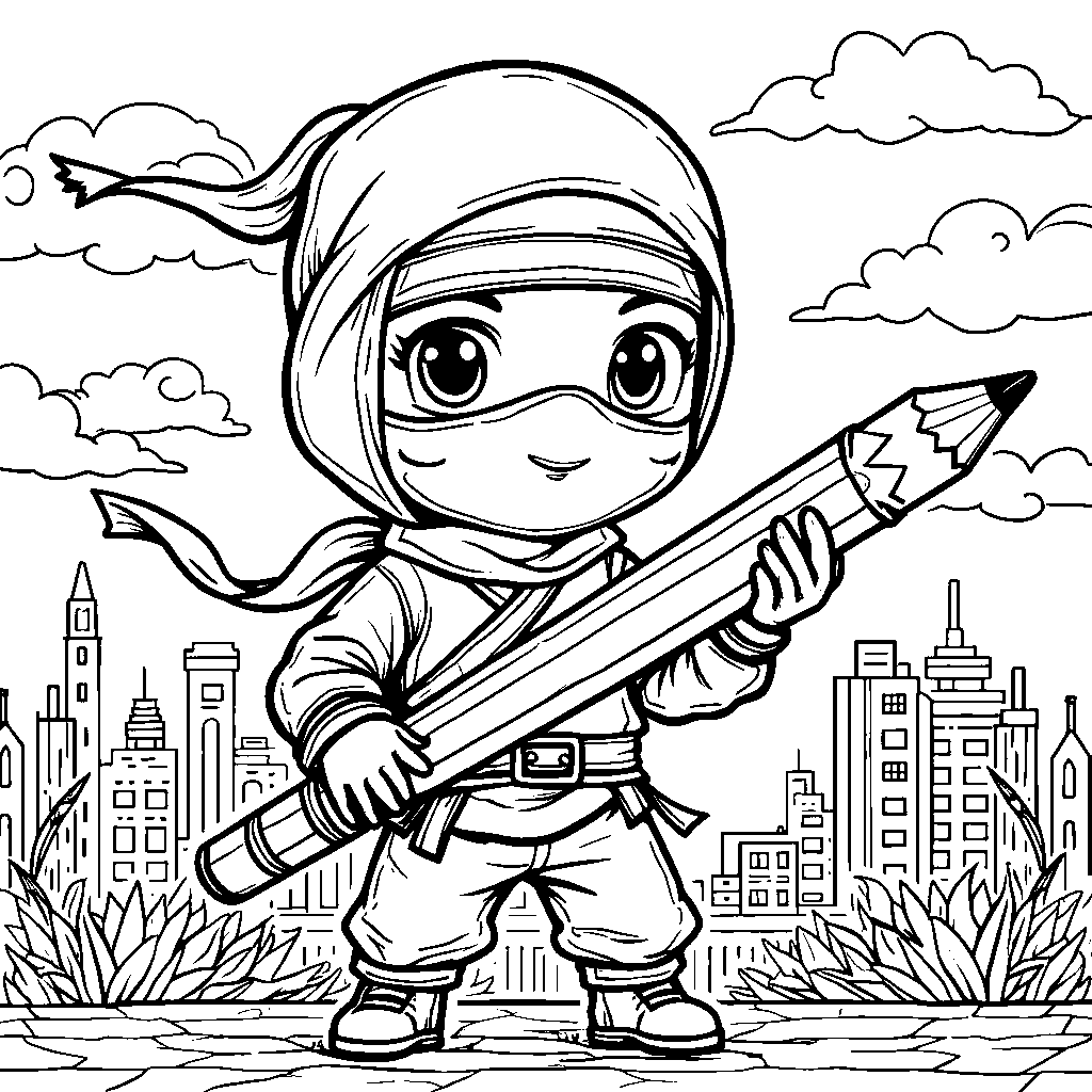 Ninja kid wearing a ninja mask and holding a giant pencil