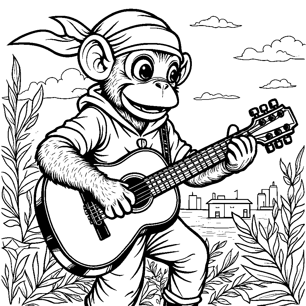 Ninja monkey playing a guitar with colorful strings