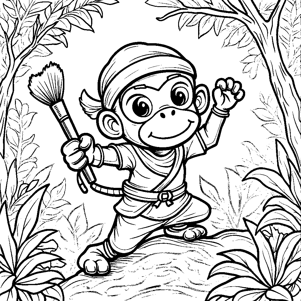 Ninja monkey swinging from a tree with a paintbrush