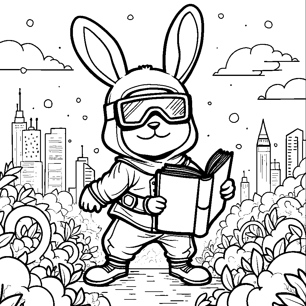 Ninja rabbit wearing 3D glasses and holding a coloring book