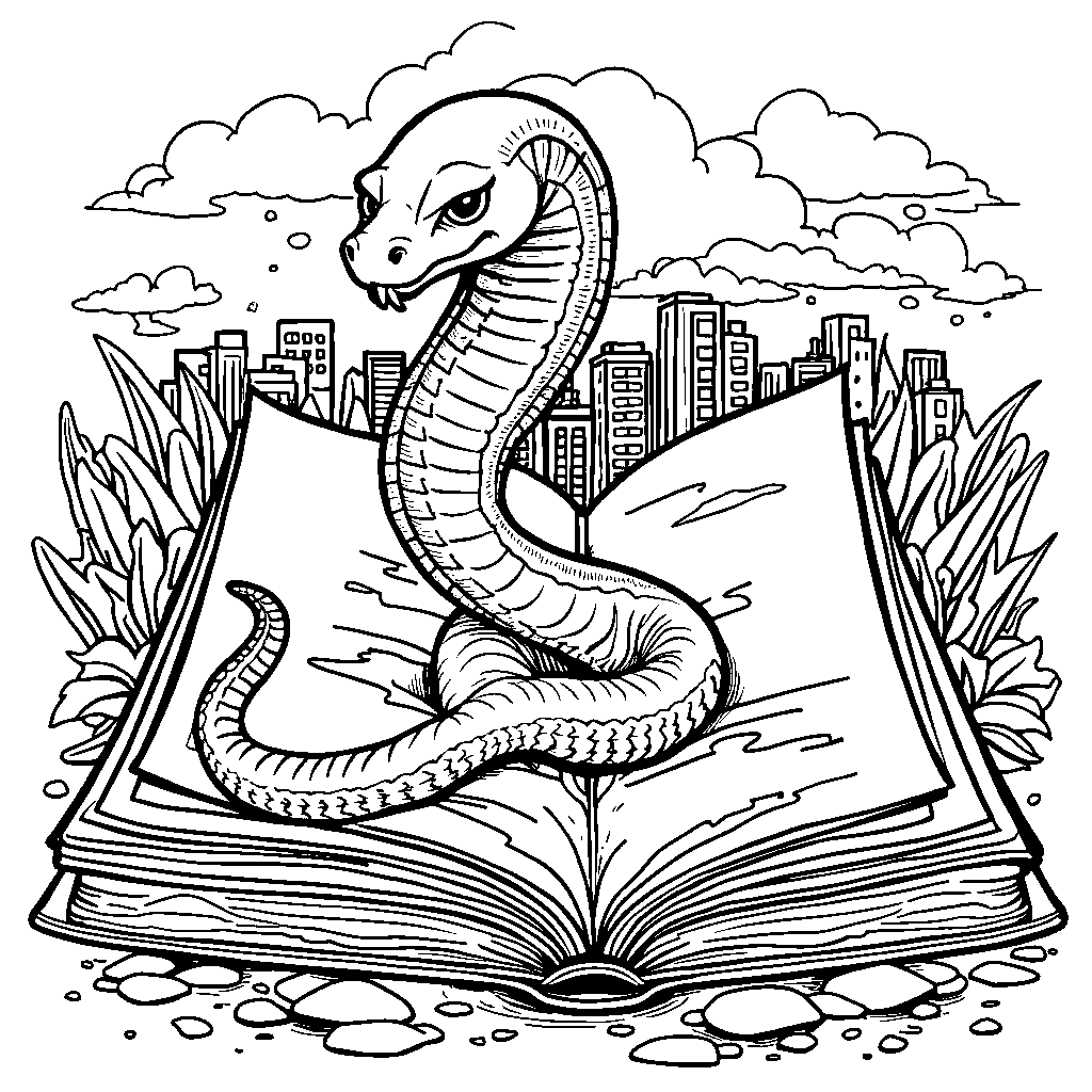 Ninja snake coiled around a giant coloring book