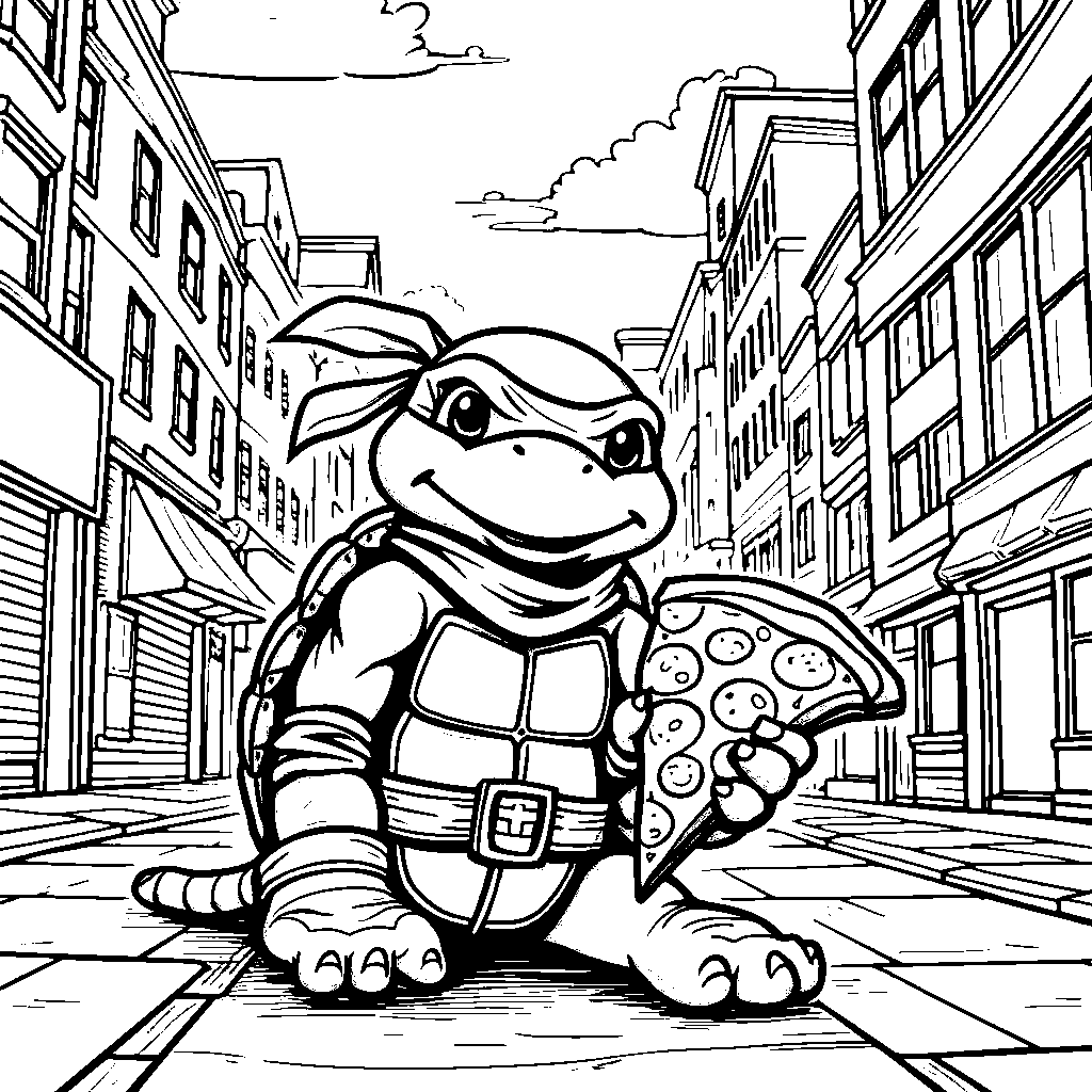 A ninja turtle eating a giant slice of pizza in the city