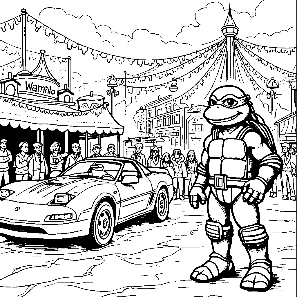 Donatello creating a ninja turtle-themed amusement park ride