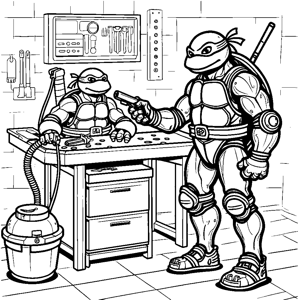 Donatello inventing a robot turtle to help with chores