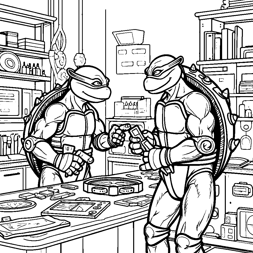 Leonardo and Donatello solving a puzzle in their secret lab