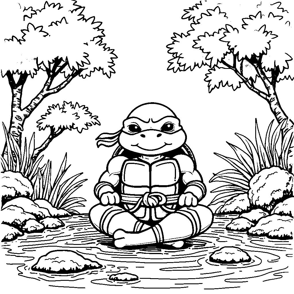 Leonardo meditating in a peaceful ninja garden