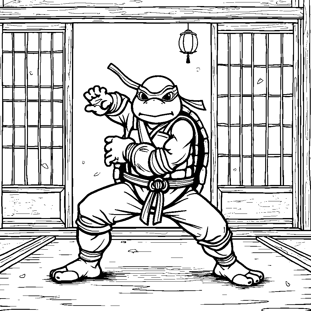 Leonardo practicing his ninja moves in a dojo