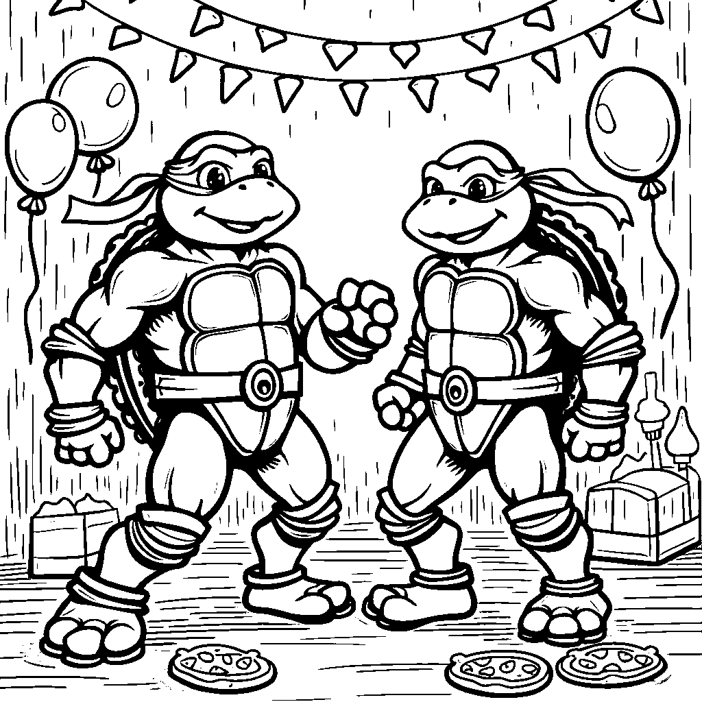 Michelangelo and Raphael having a dance party in the Turtle Lair