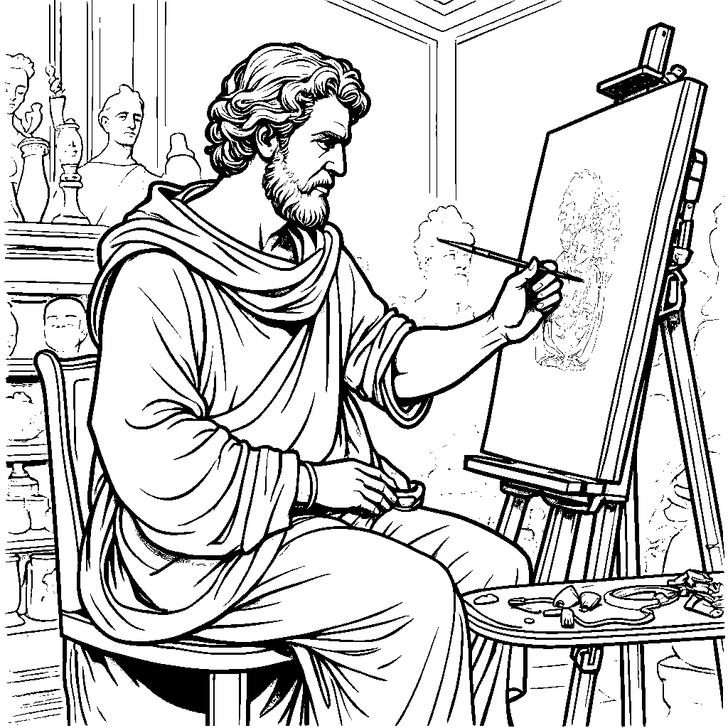 Michelangelo painting a masterpiece in his art studio