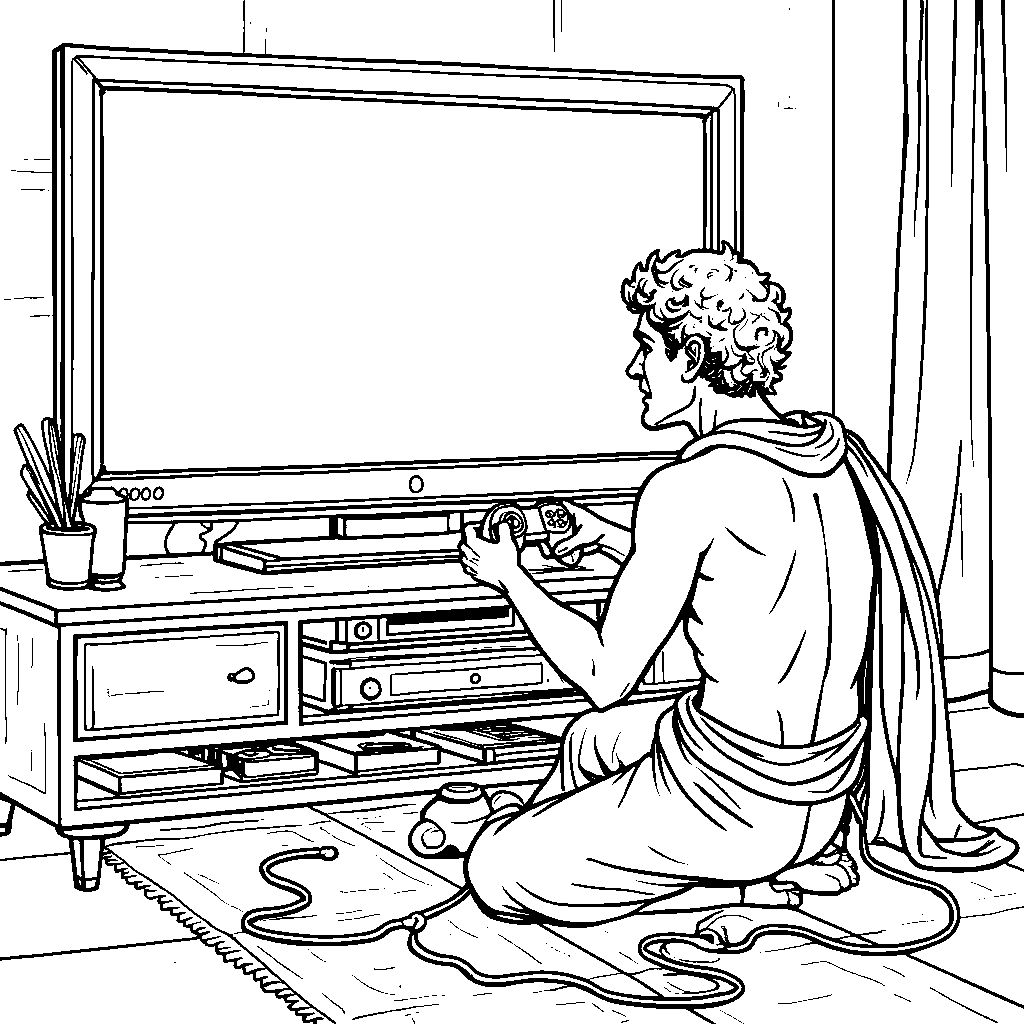 Michelangelo playing his favorite video game on a giant TV