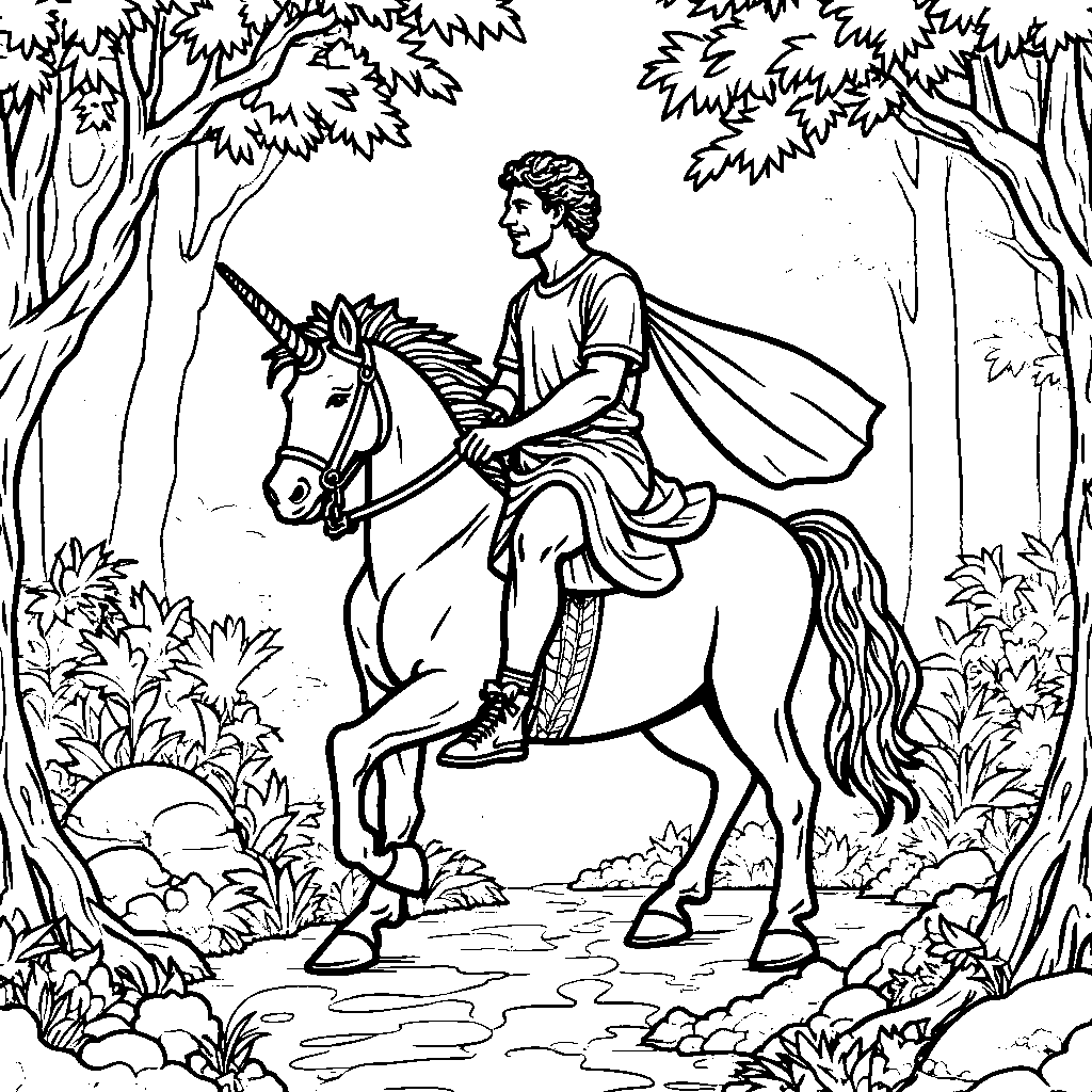 Michelangelo riding a unicorn through a magical forest