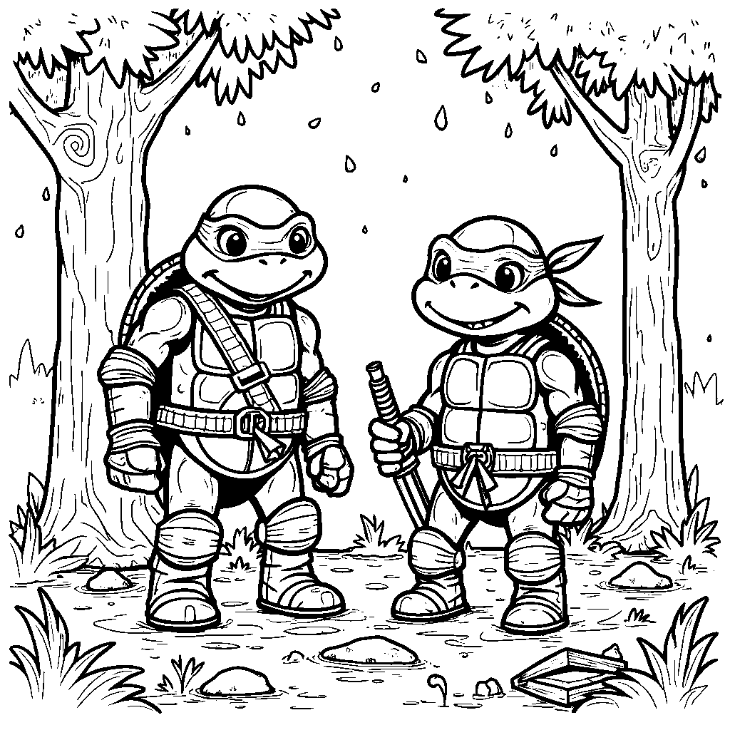 Raphael and Donatello building a treehouse in the woods