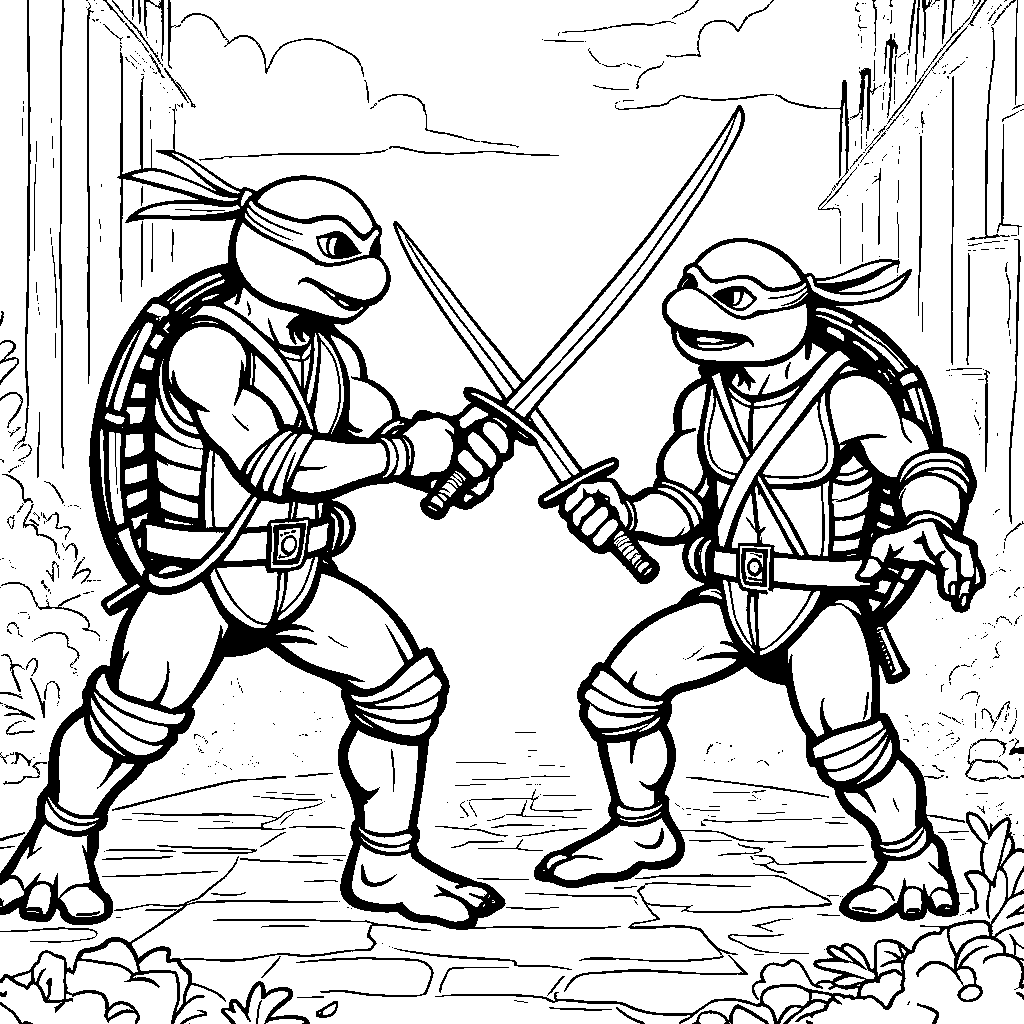 Raphael and Michelangelo having a ninja sword fight