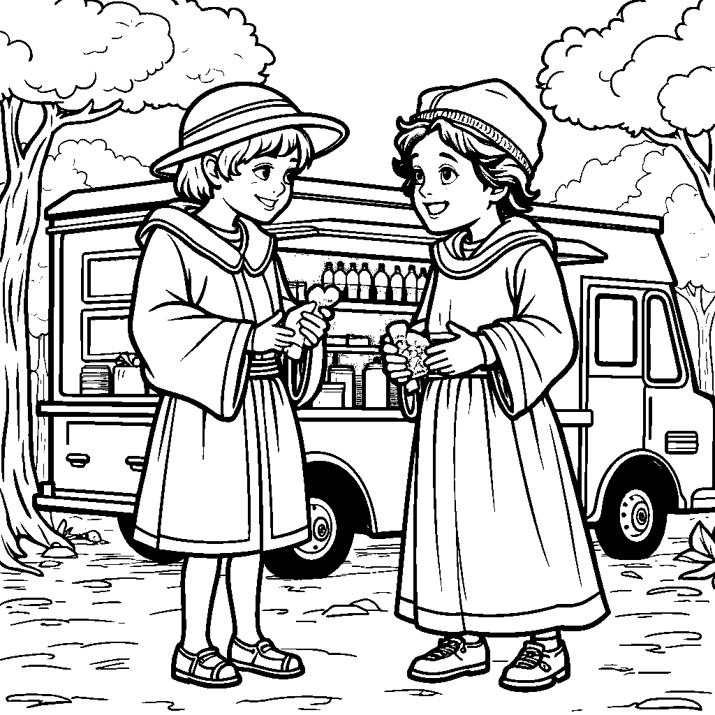 Raphael and Michelangelo having a snack at a food truck festival