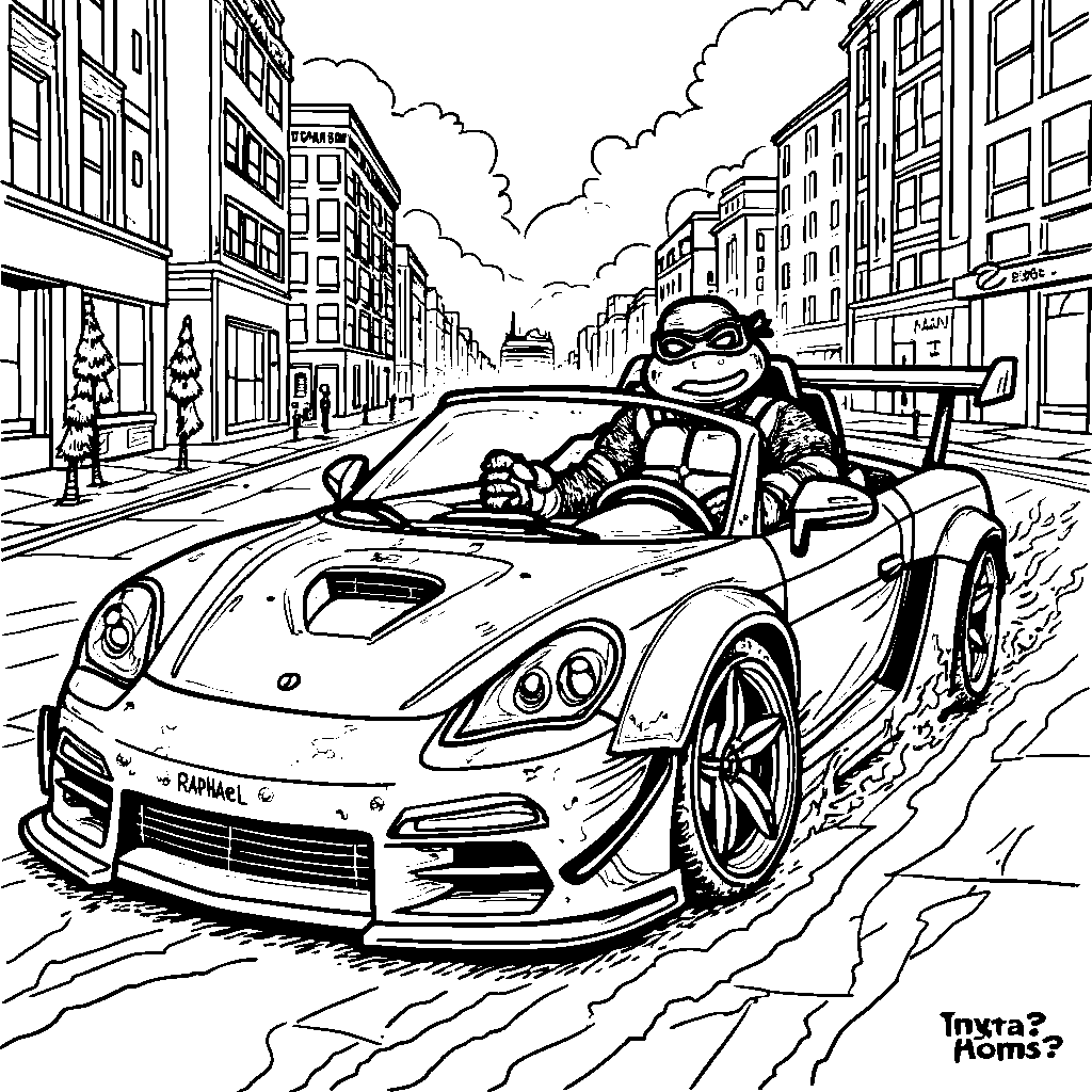 Raphael driving a ninja turtle-themed car through the city