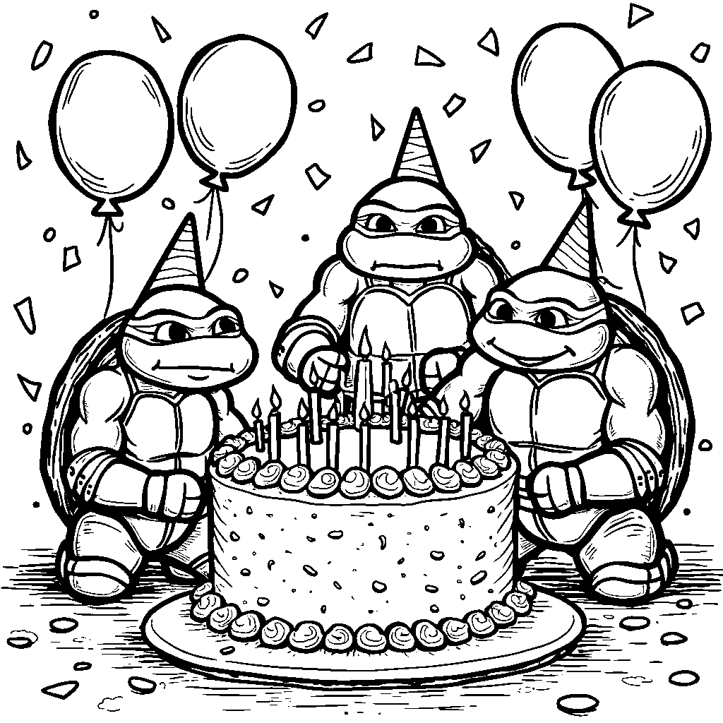 The Turtles celebrating a birthday party with cake and balloons