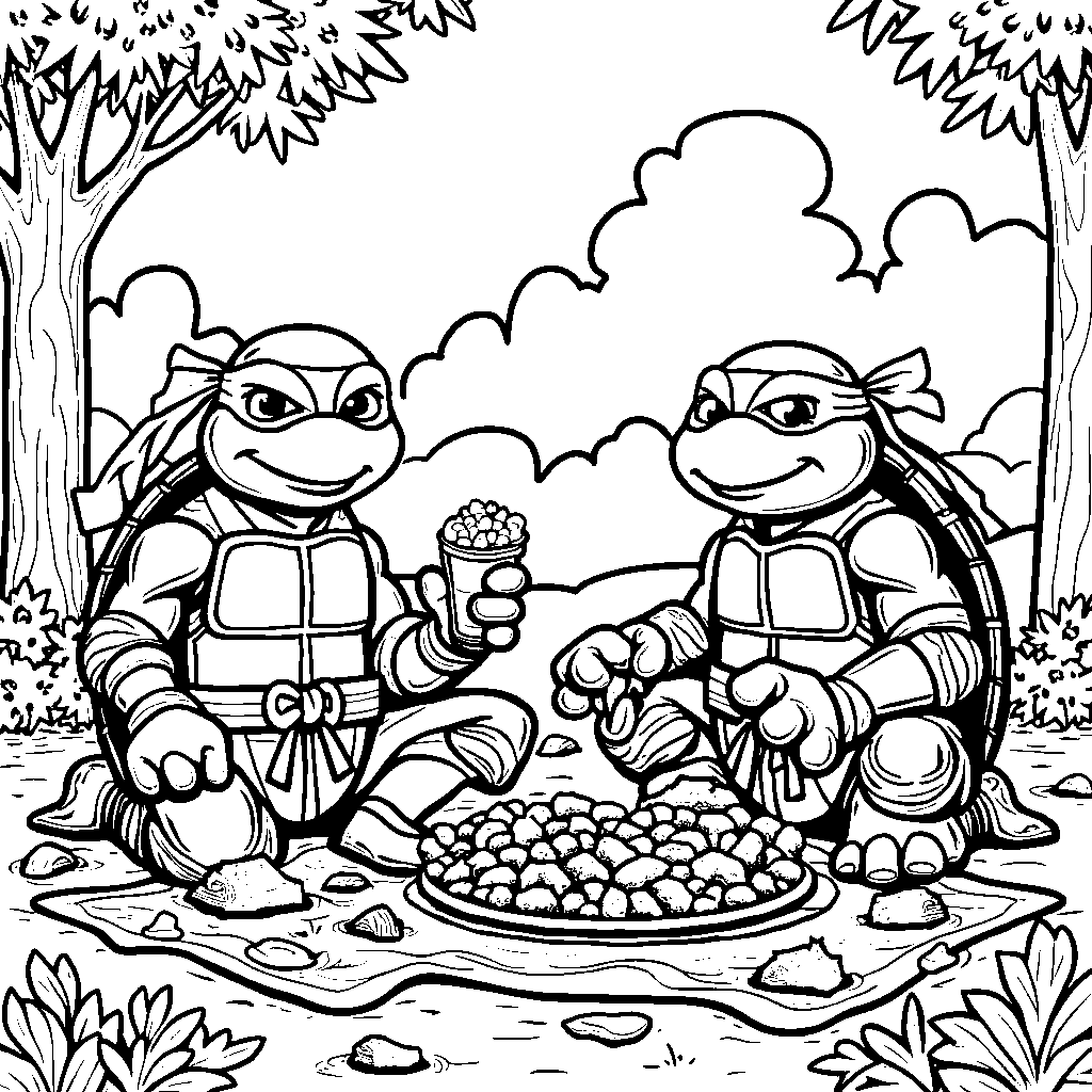 The Turtles enjoying a picnic in the park on a sunny day