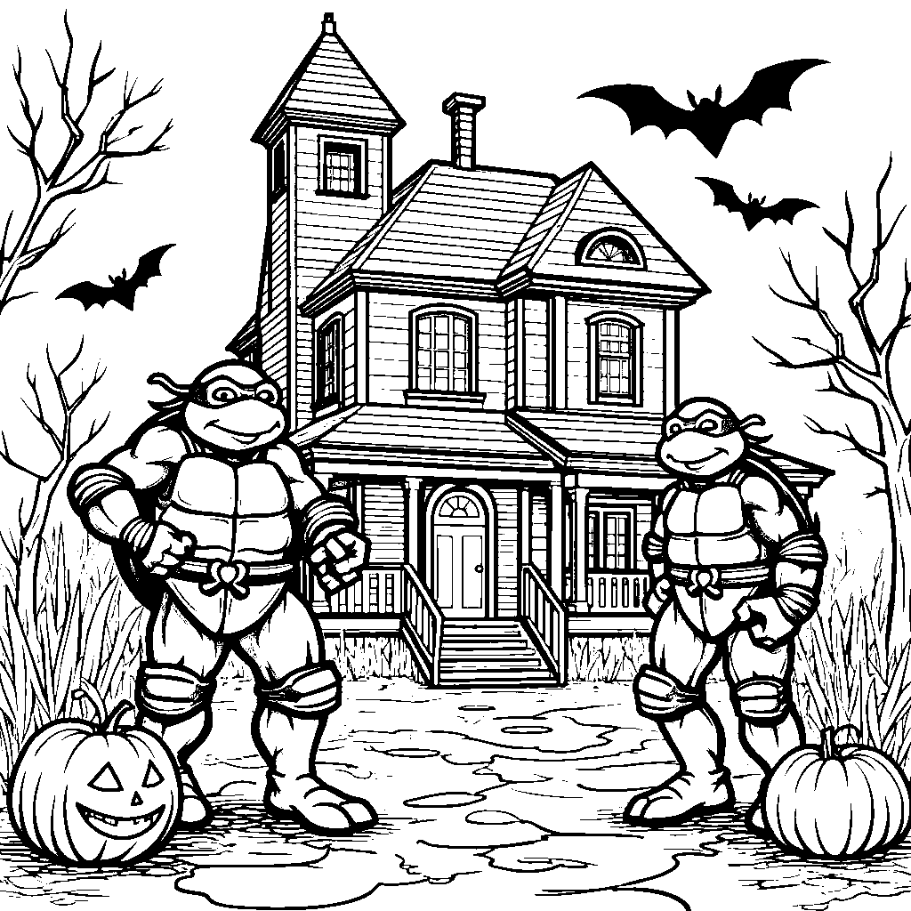 The Turtles exploring a spooky haunted house on Halloween