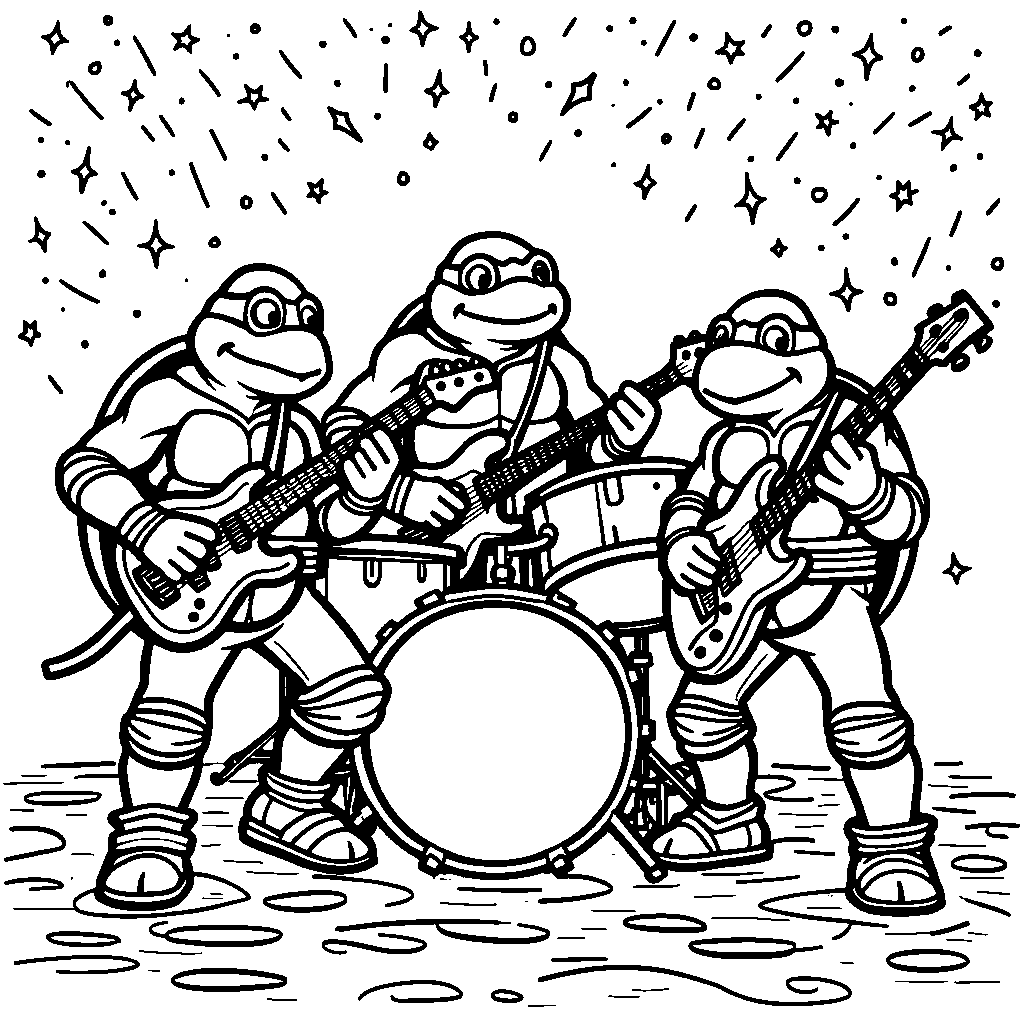 Turtle brothers playing musical instruments in a rock band