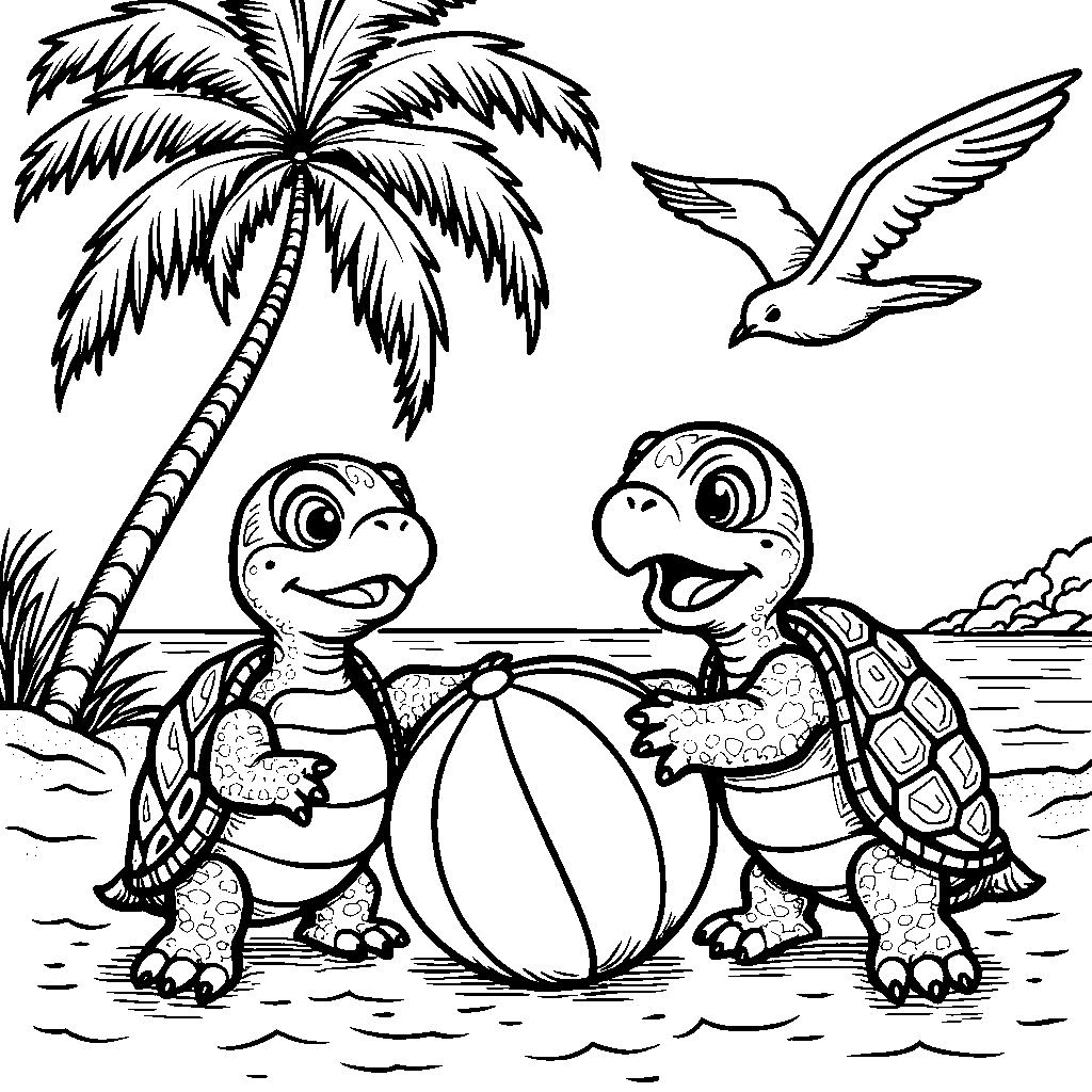 Turtle brothers playing with a giant beach ball on the beach