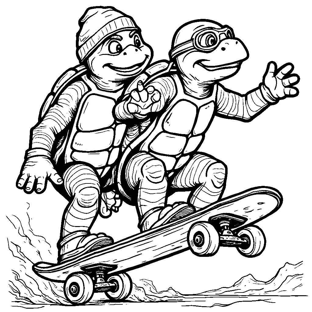 Turtle brothers riding a giant turtle-shaped skateboard