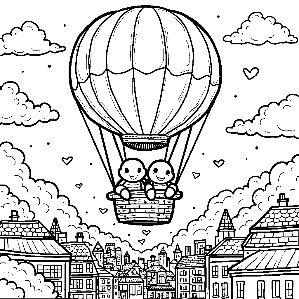 Turtle brothers riding a hot air balloon over the city