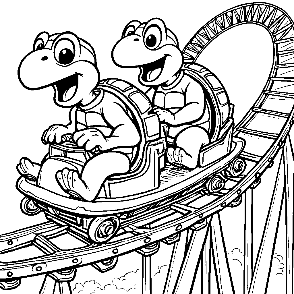 Turtle brothers riding a rollercoaster at an amusement park