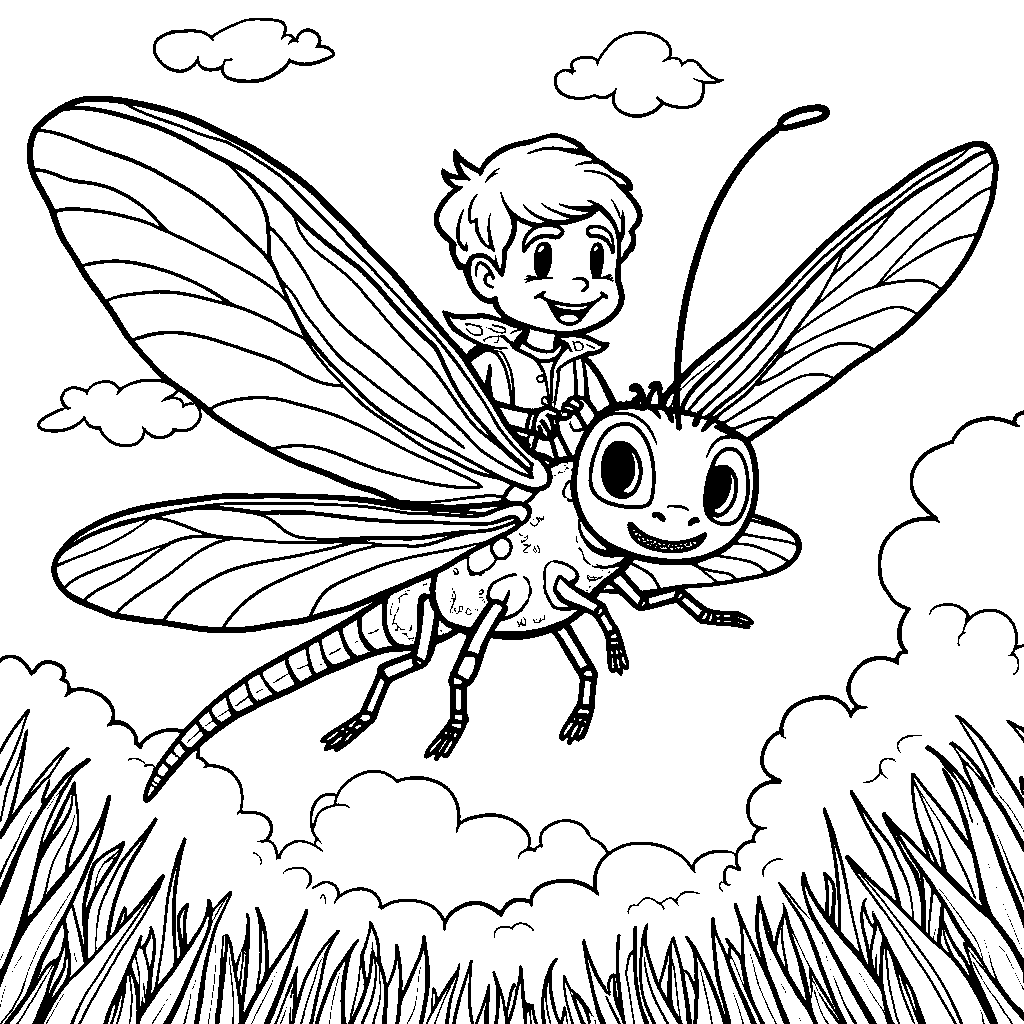 Lloyd and Friends Riding a Giant Dragonfly