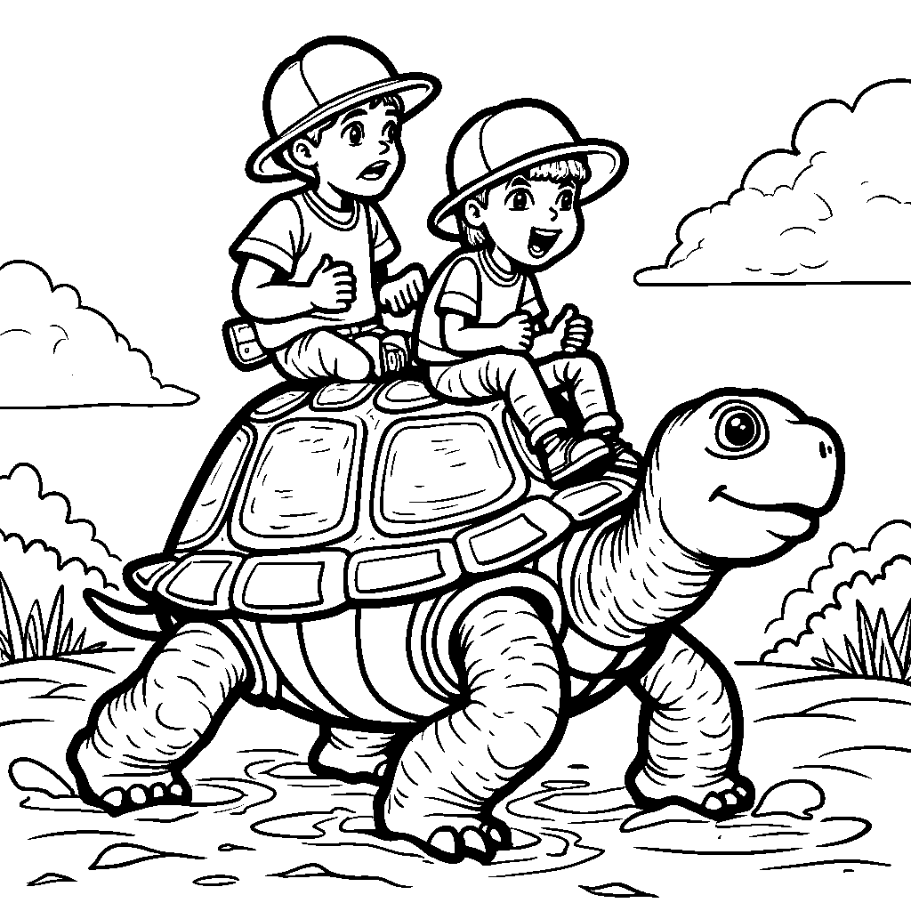 Lloyd and Friends Riding a Giant Turtle