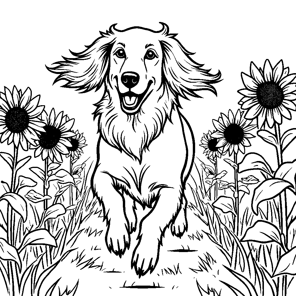 Afghan hound running through a field of sunflowers