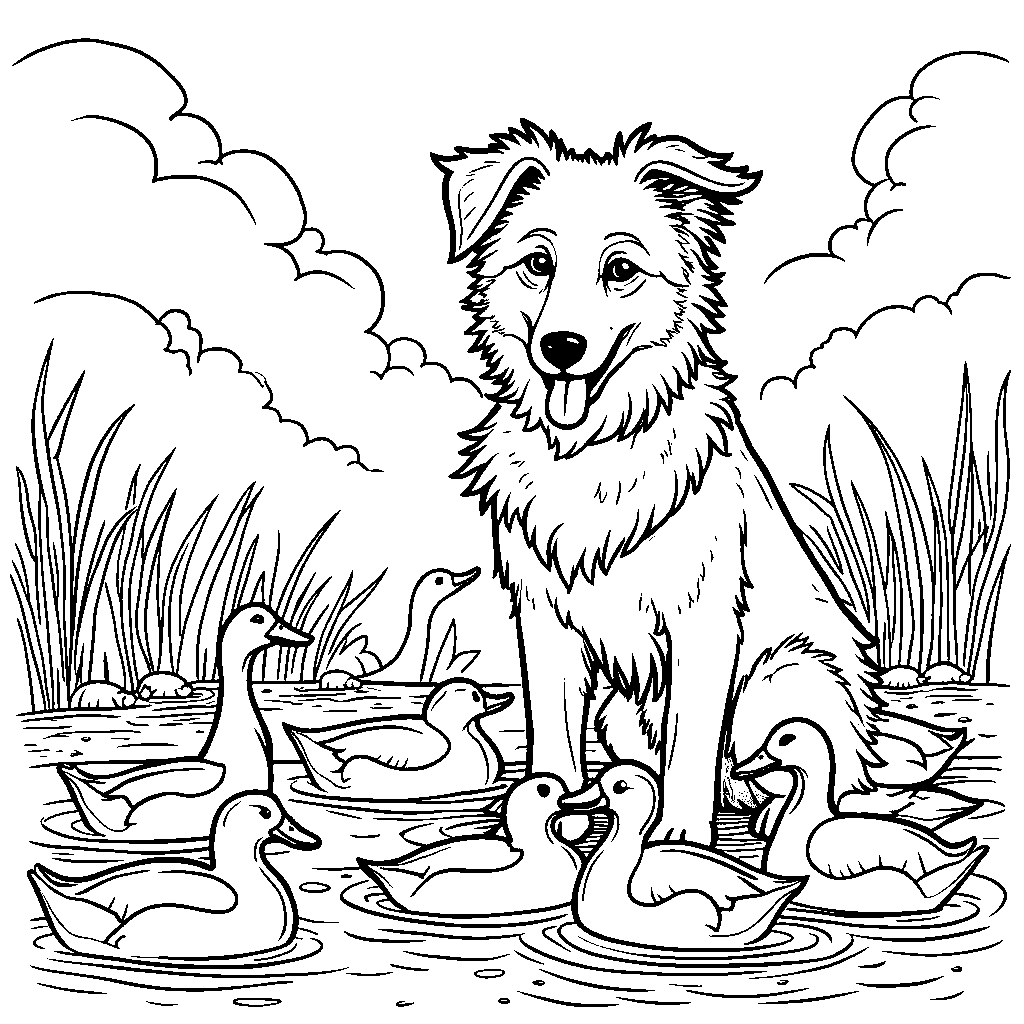 Australian shepherd herding ducks in a pond