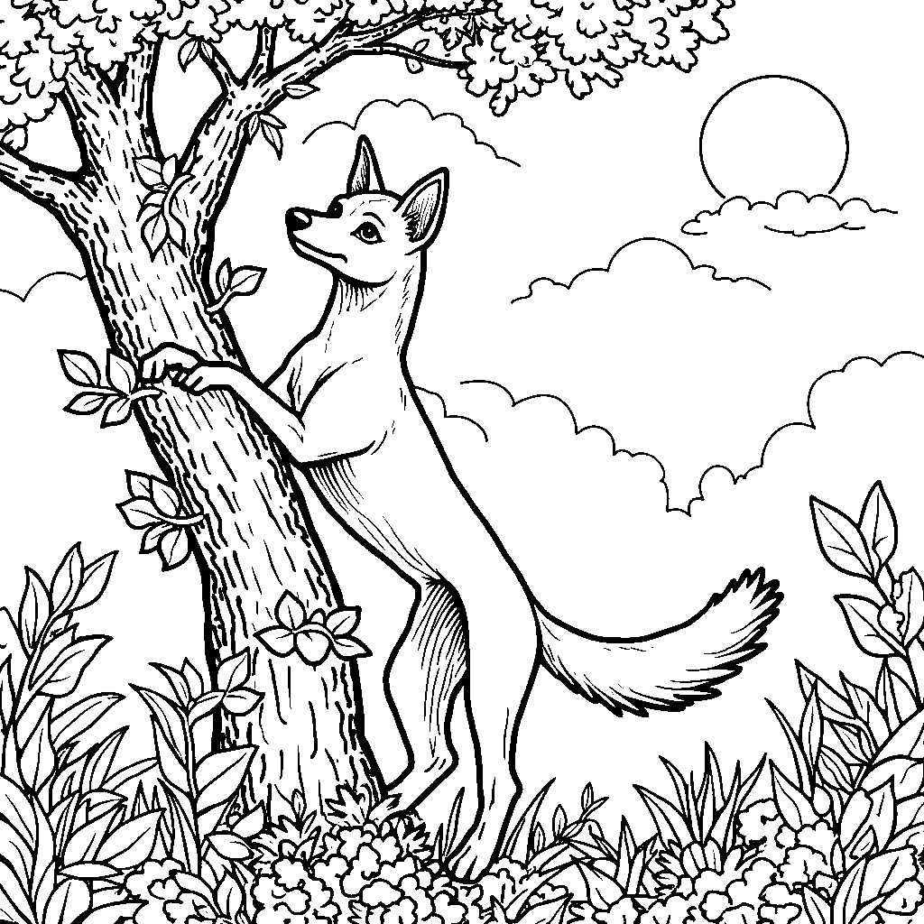 Basenji climbing a tree in the jungle