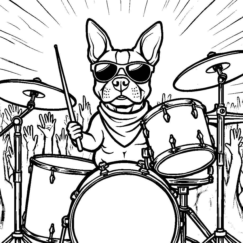 Boston terrier playing a drum set in a rock band