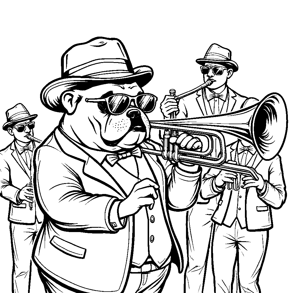 Bulldog playing a trombone in a jazz band