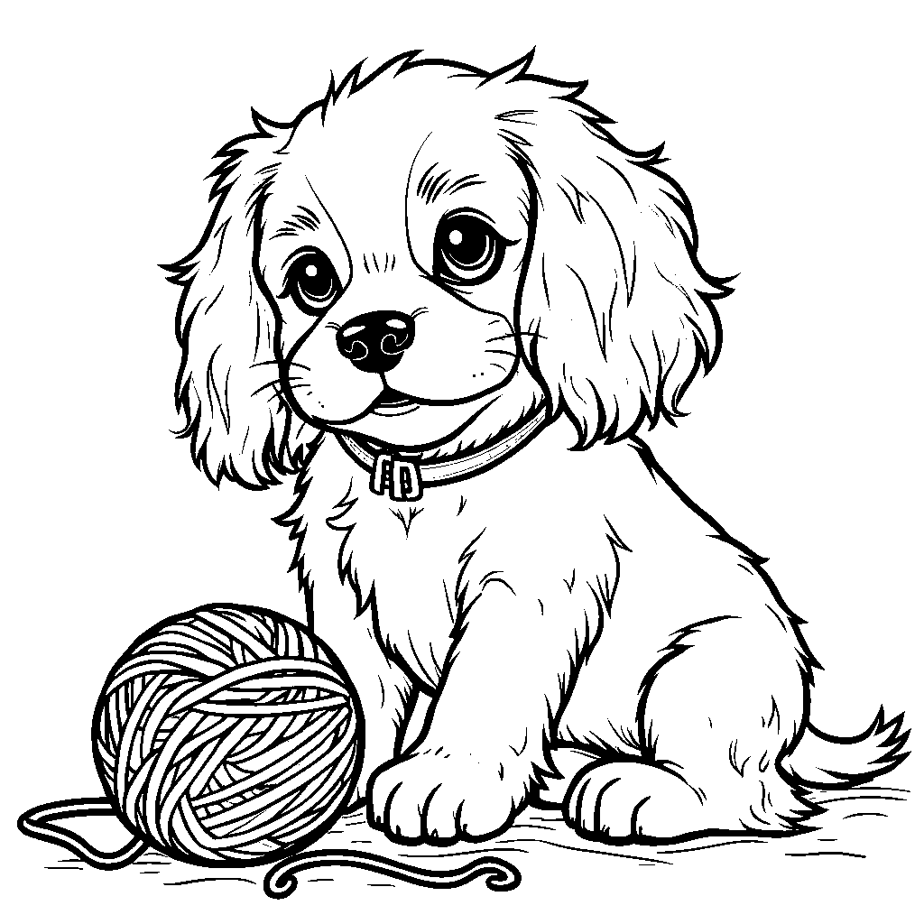 Cavalier king charles spaniel playing with a ball of yarn