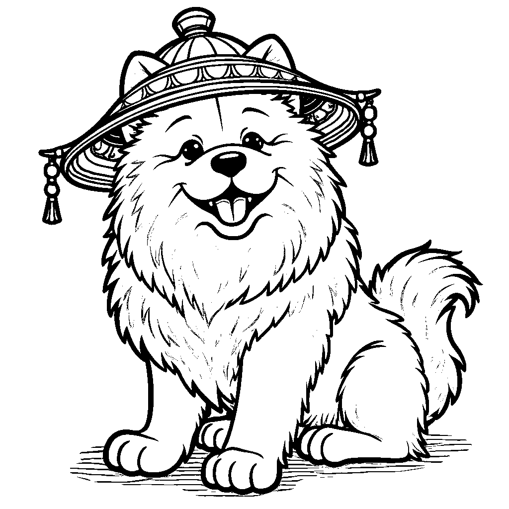 Chow chow wearing a traditional Chinese hat