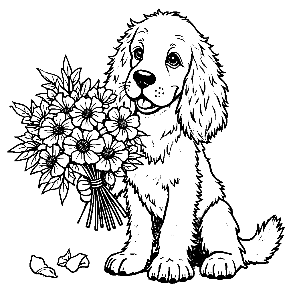 Cocker spaniel holding a bouquet of flowers