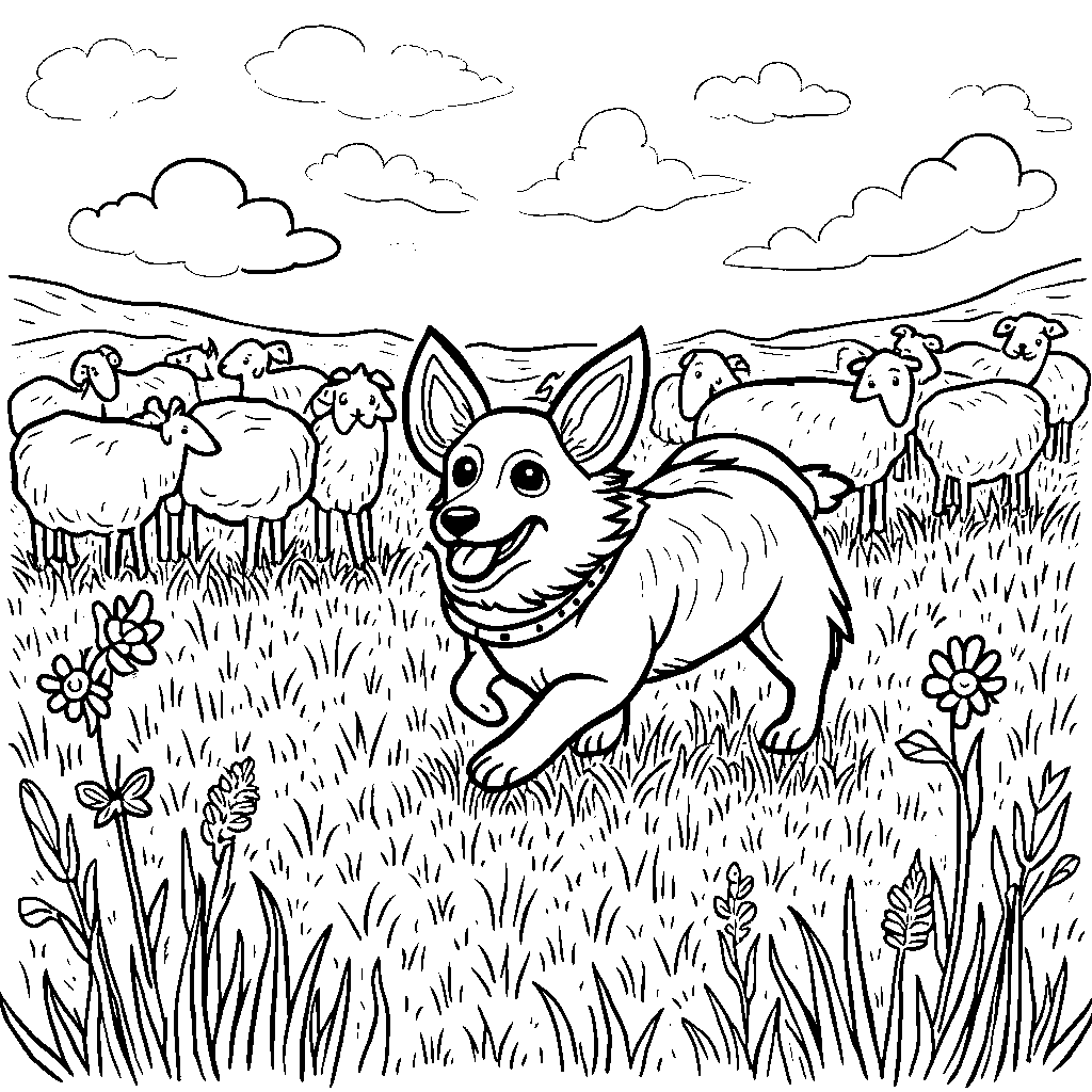 Corgi herding sheep in a green meadow