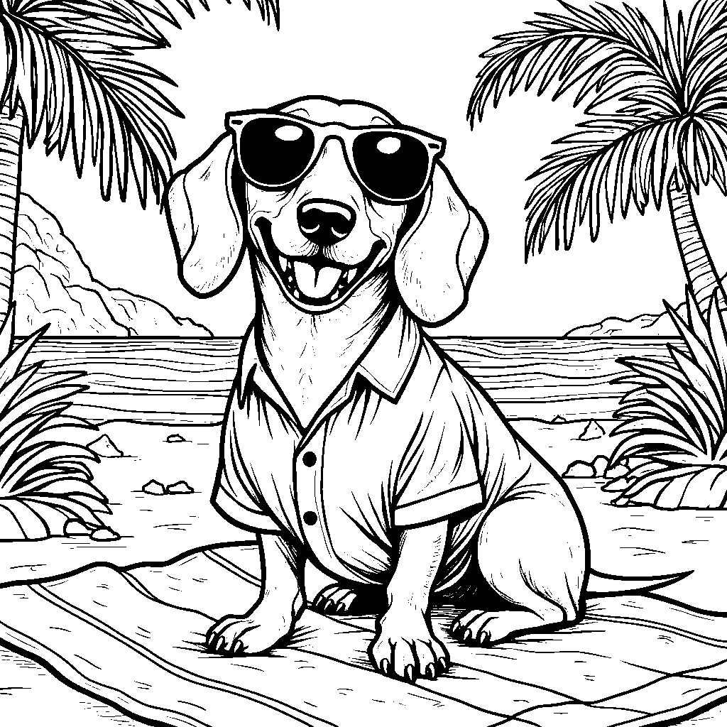 Dachshund wearing sunglasses and a Hawaiian shirt